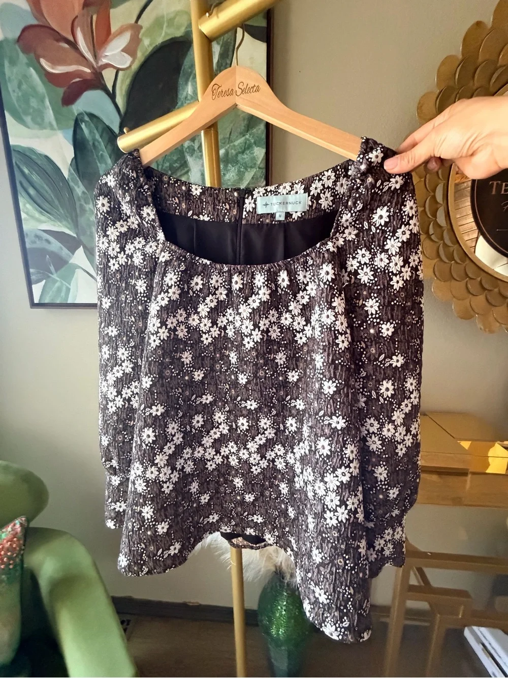 Tuckernuck Floral Puff Sleeve Blouse Top Brown Cream Size M Feminine Chic